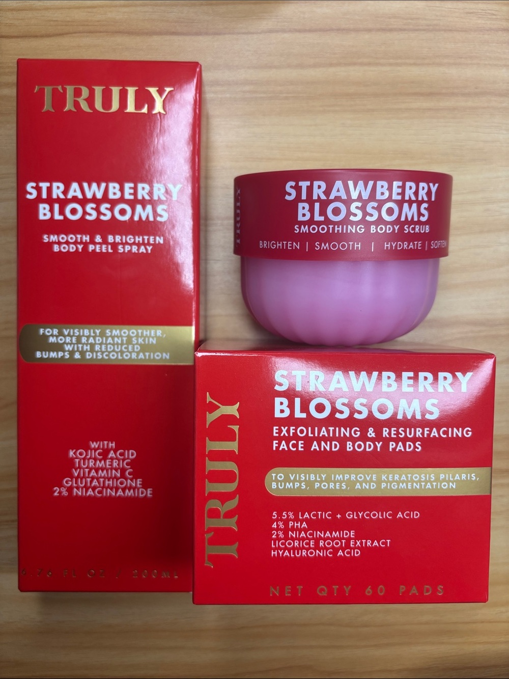 Truly strawberry blossoms scrub, pads & body peel spray bundle NEW